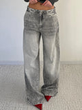 Low-Rise Old Denim Trousers Street Retro Washing Wide Legs Jeans Female