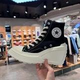 Zingj Slope Heel Canvas Shoes Female 2024 New Round Head Lace With Versatile Heighten Platform High Top Shoes Small White