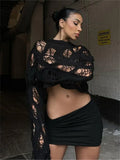 Sexy Women Ripped Sweaters 2023 Long Sleeve Crew Neck Solid Hollow Out Knitted Destroyed Holes Pullovers Crop