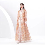 Early Spring Holiday Wind Collar Lantern Sleeve Print Single Buckle Waist Dress Female Pressure Fold Elegant Long
