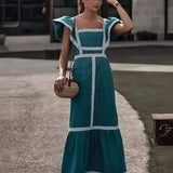 Women's Clothing Explosion Square Collared Color Splicing Dress Fashion Thin