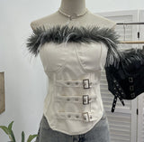 Shooting Retro Pu Skin Spliced Hair Bra Bra Strap Chest Punk Hottie Skin Buckle Waist Short Top
