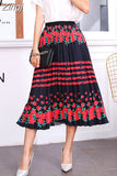 New Fashion Women Vintage Summer Party Pleated Casual Print A Line Skirts Robe Femme One Size Lastic Band Midi