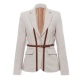 New British Splicing Colliding Color Leather Splicing Back With Small Suit Jacket With Belt