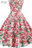 Women Summer Sleeveless Floral Print Midi Dress O Neck Retro Vintage Vestidos Robe Rockabilly