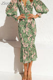 Elegant Women Spring Autumn Dress Floral Leaves Print V-neck Puff Long Sleeve Elastic Waist Slim Fit Ruffle Hem
