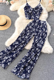 Women Sexy Printed Two Piece Set Beach Female Strap Camis Tops + Draped Wide Leg Pants Black/Red/Blue/Yellow Suits