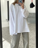 Hot Loose Long-Sleeved Open-Fork T-Shirt Women's Solid Color 100% Cotton Top Spring And Summer Women's