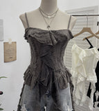Wasteland To Make Old Hole Slings Vest Irregular Lotus Side Ribbon Short Sleeveless Top