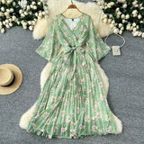 Retro Floral And Snow-Crushed Dress Woman Autumn Strapd To The Waist V Collar Horn Sleeve Temperament Over The Folded