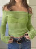 Mesh Long Sleeve Off Shoulder Top- Outfit