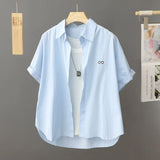 Korean Version Of Casual Smiley Face Embroidered Short-Sleeved Shirt Women 2025 Spring And Summer New Small Plaid Short