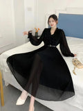 Autumn Station Temperament Retro Lotus Leaf Side Bubble Long Sleeve V Collar Thin A Word To Close The Waist 100-Fold