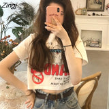 Sleeve T-shirts Women Crop Top Cartoon Printed Loose Slender All-match Street Wear Korean Girls New Fashion Casual