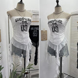 Shot With Anti-Slip Letter Print Chest Vest Tsets Lace Splicing Mesh Yarn Irregular Top