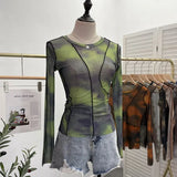 Sun Dyed Elastic Mesh Yarn T-Shirt Stacked With Long-Sleeved Top Press Line T-Shirt