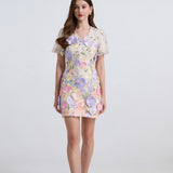 Dress Women Summer French Retro V-Neck Lantern Sleeve Embroidered Mesh Yarn Waist Bubble Sleeve