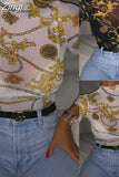 Women Mesh Sheer See Through Print Shirt Blouses Outwear Turtleneck Long Sleeve Tops Transparent Slim Shirt Bodycon Club