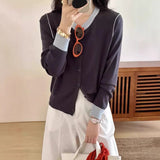 Round-Neck Knitted Cardigan Women Autumn Small Senior Design Sense Color Long-Sleeved Sweater Coat