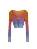 Long Sleeve T Shirt Women's Basic Korean Vintage Knitted Rainbow Stripe Crop Tops Femme High Street Casual Slim Tee