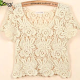 Women Hollow Out Cropped All-match Summer Elegant Lady O-neck Short Sleeve Sun-proof Clothing Leisure Female Tops