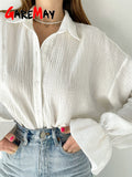 Women's Cotton Shirt 100% Loose Long Sleeve Top Elegant Blouse with Ruffles Button White Oversize Shirt Turn-down