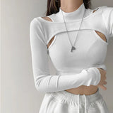 Zingj And Autumn Women's Wear Carefully Machine Hollow Open Shoulder Bottom Shirt Slim Fake Two Short