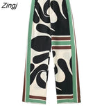 Women Vintage Geometric Patchwork Graffiti Print Wide Leg Pants Female Chic Zipper Long Trousers Pantalones Mujer