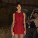 Solid Buttoned Sleeveless Mini Dress-Outfit