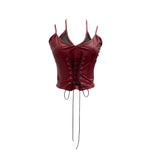 Shooting Locomotive Punk Pu Splicing Fishing Net Hanging Neck Sling Vest Babes Wearing Rope Repair Short Blouse