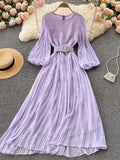 Vintage Yellow/Purple/Blue Polka Dot Chiffon Long Dress Women Elegant O-Neck Puff Sleeve Pleated Party Robe Female