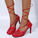 Summer New Fashion Mesh Breathable Square High Heel Fine Heel Tie Women's