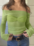 Mesh Long Sleeve Off Shoulder Top- Outfit