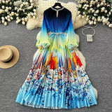 Elegant Dress Women Fashion Nail Ball Collar Hollow Pressure Folding Lantern Sleeves To Print Long