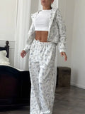 Sale Of Broken Flower Hoodie Set Of Women's Short Zipper Coat Draw Rope Wide Leg Pants Fresh Print Autumn And