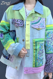 Patchwork Print Denim Jacket Women Modis Coat Tops For Womens Clothing Casual Harajuku Ladies Coats Woman Fashion
