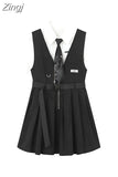 Women Dresses Sweet College Girl Tie Shirts Harajuku High Waist Pleated Vest Mini Gothic Dress 2023 Summer 2 Piece Sets