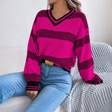 Shooting 2025 Autumn And Winter V-Necked Striped Striped Lantern Long-Sleeved Jacket Sweater Women's
