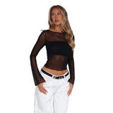 Summer New Round Neck Long Sleeve Mesh Perspective Exposed Waist Top With Hot Girl