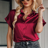 Satin Silk Shirts Loose Fashion Women Short Sleeve Tops Mujer Buttons Office Lady Blouses Women's Clothing Elegant