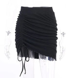Summer Ruched High Waist Mini Skirt Side Bow Lace up Pleated Skirt Women's Fashion Casual Sexy Solid Color Short