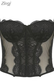 Fashion Milkmaid Black Skinny Corset Lace Top Elegant See Through Sexy Crop Tops Ladies Camisole Hook Bustier