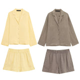 Women's Explosive Linen Long-Sleeved V-Neck Casual Shirt + Shorts