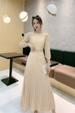 Ripe Wind High Waist Round Collar Dress Spring And Autumn New Temperament Solid Color To Show Thin Waist Swing 100 Rhetum Long