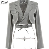 Gray Double Layer Bandage Slim Blazer Women Long Sleeve Pocket Short Jacket Female Notched Collar Outwear Tops 2023