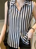and White Striped Woman Shirts Summer Tank Top Blouse for Women Sleeveless Blouses Chiffon Ladies Tops OL Female