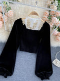 Halter Lace Patchwork Short Blouse For Women Casual Puff Sleeve Velvet Shirt Female Black Tops New Fashion Autumn