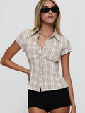 Style Organ Folds Solid Color POLO Collar Short-Sleeved Shirt To Close Short Buckle Umbilical