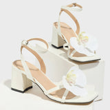 Sales Women's Shoes Orchid Head Coarse And Stone-Print White Fabric High Heel Sandals Coarse Heel High