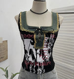 Shooting Hottie Hairy Denim Spliced Printed Vest With Bows Short Sleeveless Top